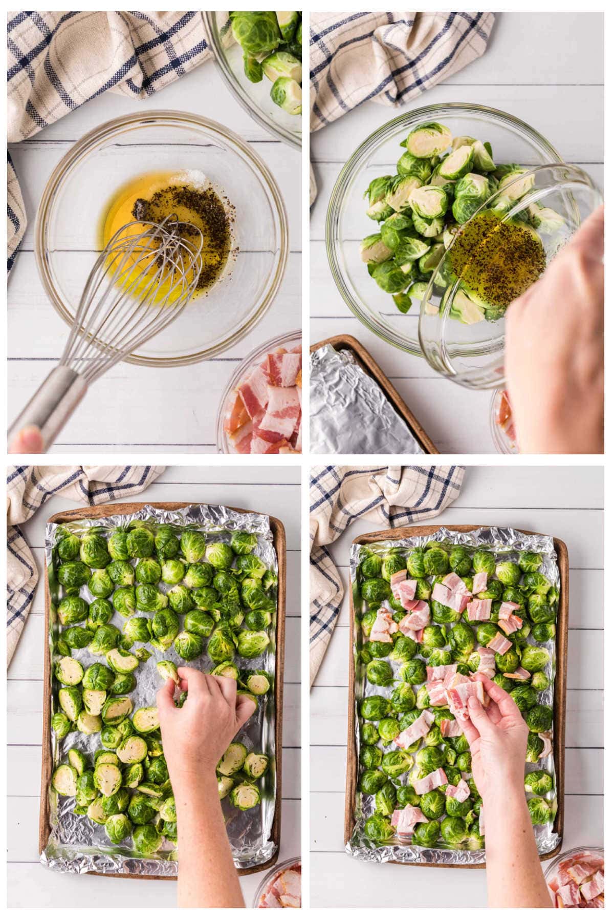 Step-by-step collage showing how to make maple roasted Brussels sprouts with bacon and cranberries. In the first image, a whisk mixes olive oil, maple syrup, salt, and pepper in a glass bowl. In the second, the mixture is poured over halved Brussels sprouts. The third image shows the sprouts spread on a foil-lined baking sheet, and the fourth shows chopped raw bacon being added on top before roasting.