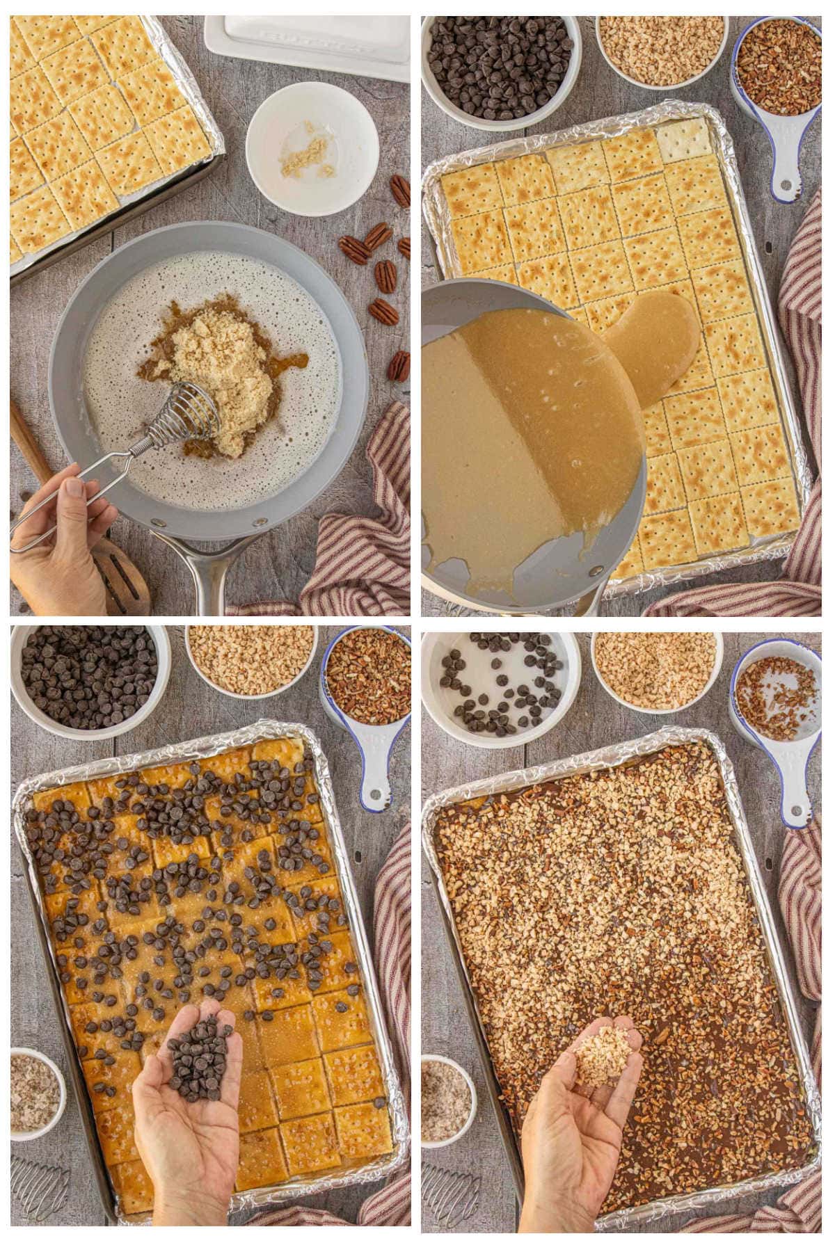 Four-image collage showing how to make saltine toffee: browning butter and sugar in a pan, pouring the caramel over saltines on a baking sheet, sprinkling chocolate chips on the hot caramel, and covering the melted chocolate with chopped nuts.