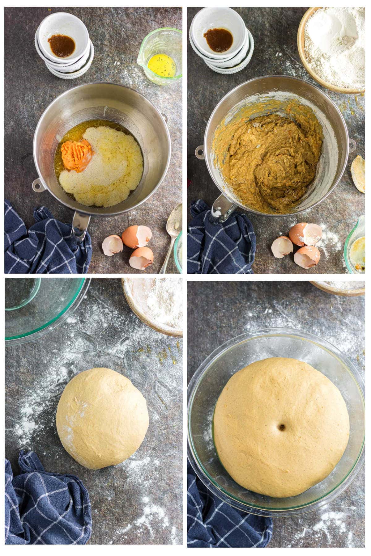 Step-by-step photos showing the process of making sweet potato dinner roll dough: mixing sweet potato, brown butter, sugars, and yeast in a bowl, stirring into a thick batter, kneading the dough on a floured surface, and letting it rise until doubled.