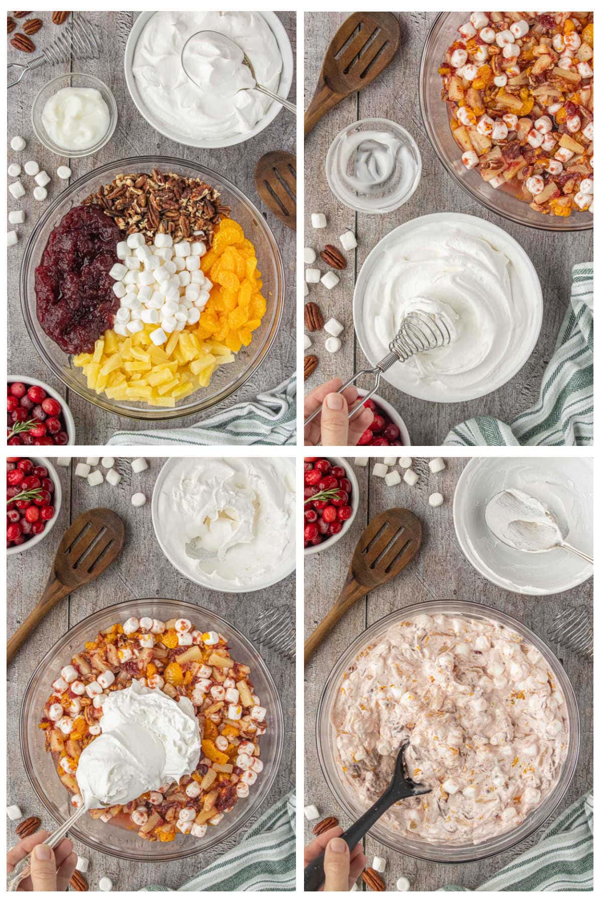 Four-photo collage showing how to make cranberry ambrosia salad: ingredients arranged in a large bowl, Cool Whip being mixed, the fruit and marshmallow mixture combined, and the final creamy salad stirred together.