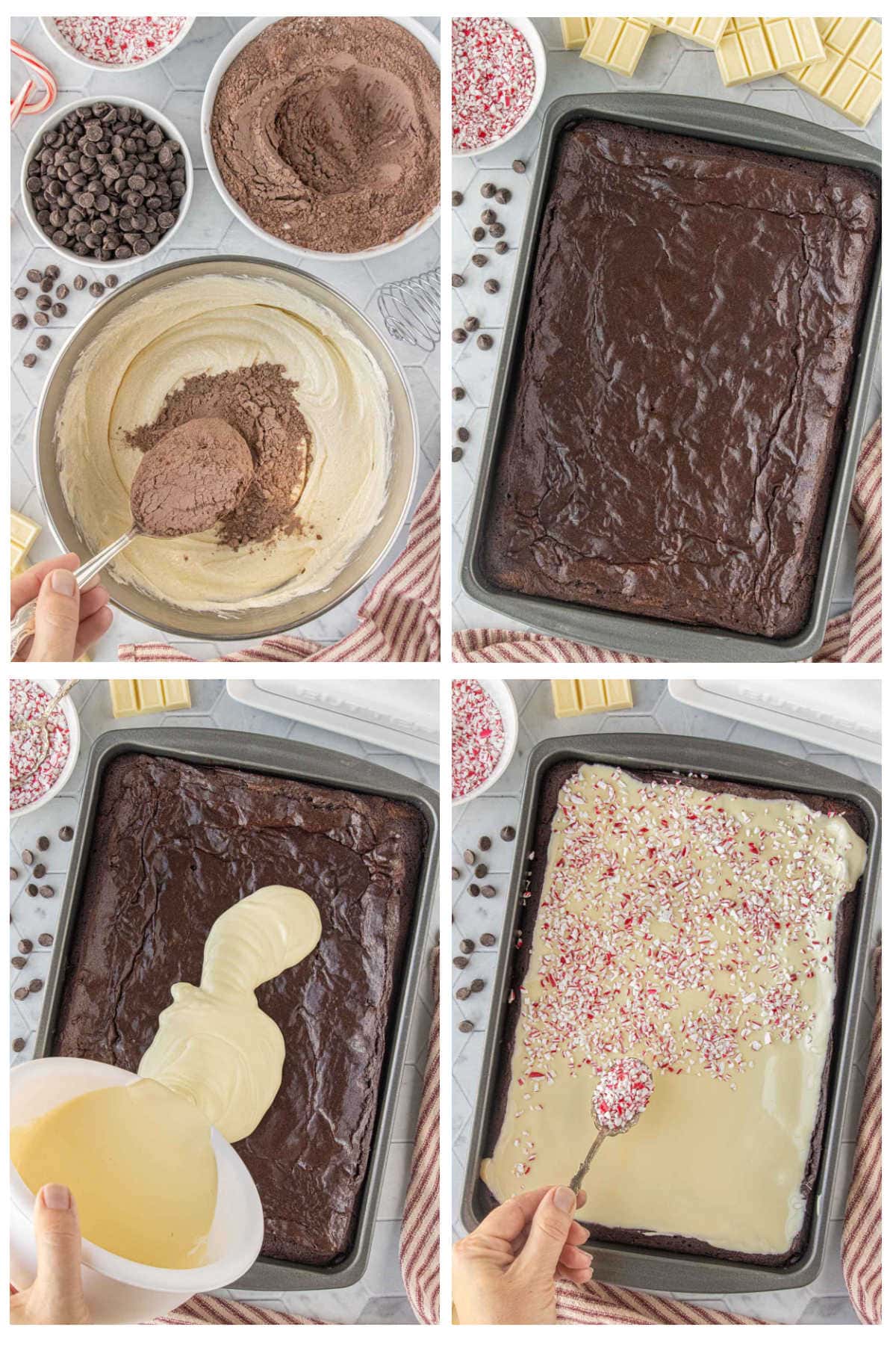 Step-by-step collage showing how to make peppermint bark brownies: mixing batter, baked brownie layer, pouring melted white chocolate, and adding crushed candy cane topping.