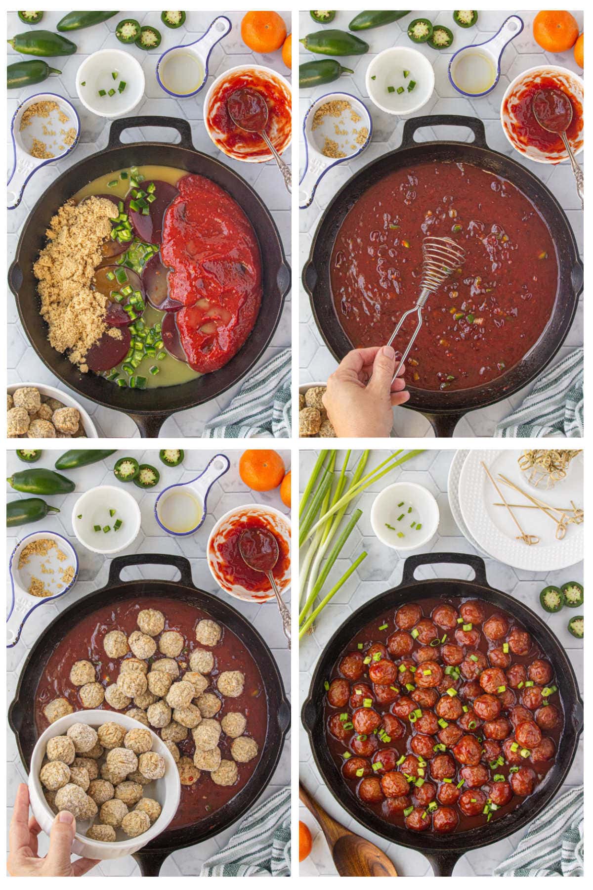 Step-by-step photos showing how to make cranberry meatballs: whisking cranberry sauce, chili sauce, jalapeño, brown sugar, and orange juice in a skillet, adding frozen meatballs, and simmering until glossy and garnished with green onion.