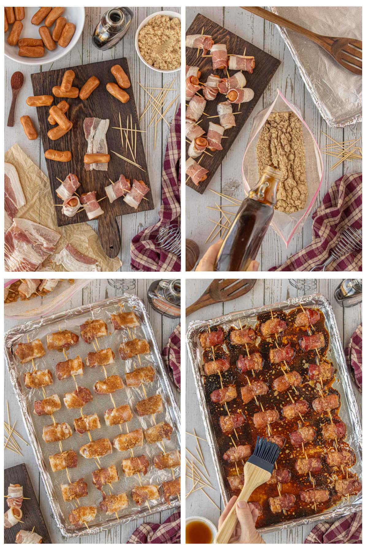 Step-by-step collage showing how to make maple chipotle bacon wrapped little smokies, including wrapping cocktail sausages with bacon, coating with brown sugar, and baking on a sheet pan.