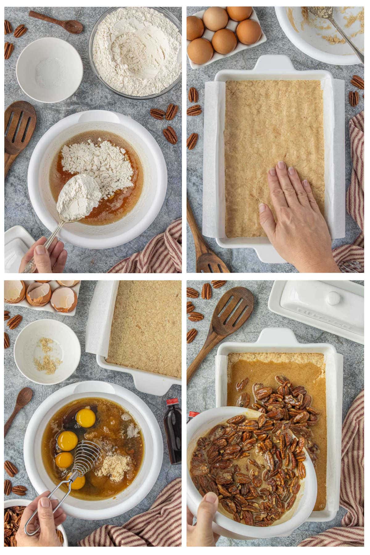 Step-by-step collage showing how to make brown butter pecan pie bars: mixing flour into melted brown butter, pressing crust into a parchment-lined pan, whisking the filling with eggs and sugar, and pouring pecan filling over the prebaked crust.