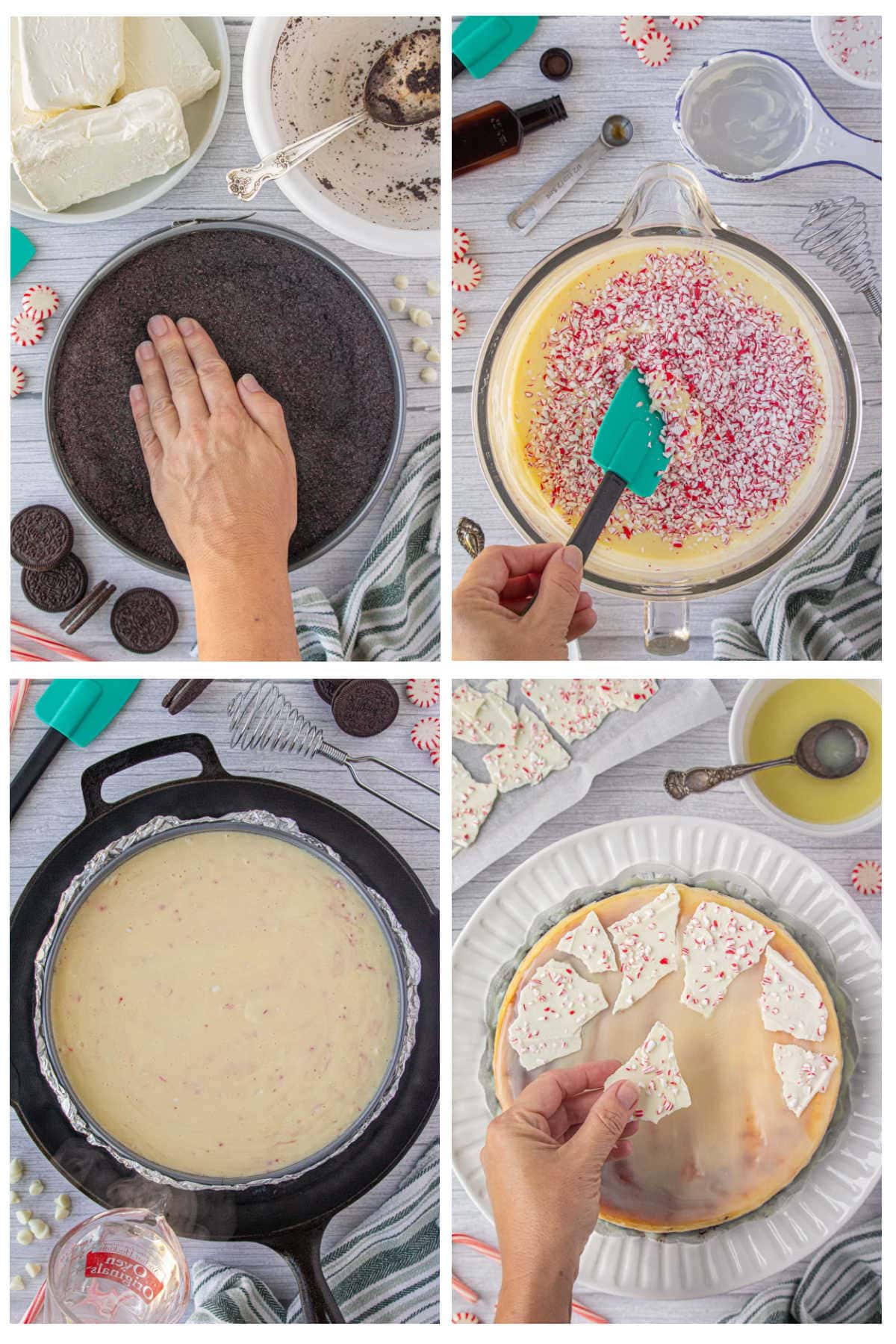 Step-by-step collage showing how to make peppermint bark cheesecake: pressing Oreo crust into a springform pan, folding crushed peppermint candy into the white chocolate cheesecake batter, placing the filled pan into a water bath inside a cast iron skillet, and topping the cooled cheesecake with pieces of homemade peppermint bark.