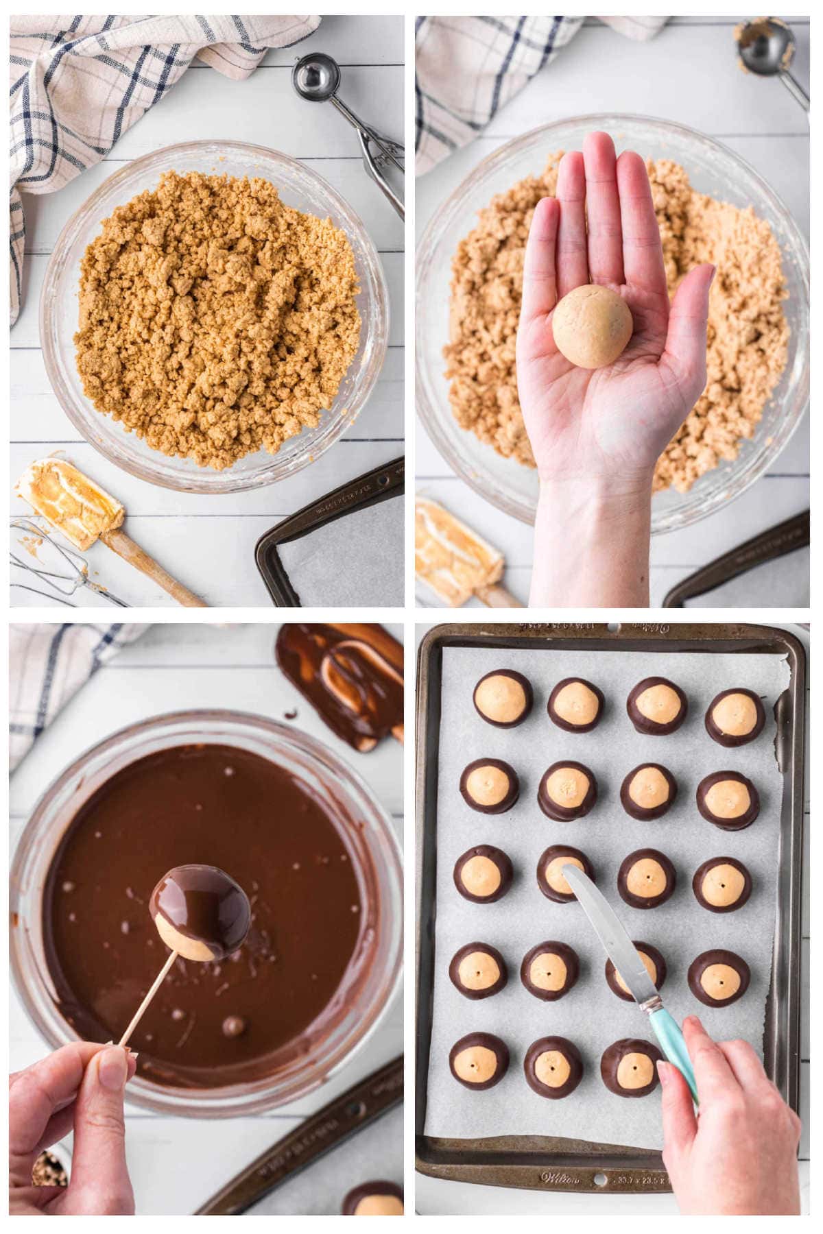 Four-step photo collage showing how to make buckeyes: a bowl of mixed peanut butter dough, a hand rolling the dough into a smooth ball, dipping a chilled peanut butter ball into melted chocolate with a toothpick, and finished buckeyes on a parchment-lined baking sheet as the toothpick holes are smoothed out.