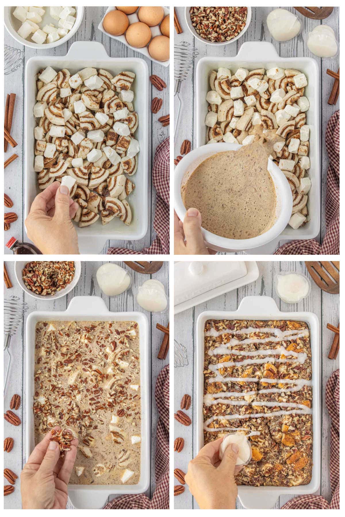 A four-image collage showing how to make cinnamon roll breakfast casserole: A baking dish filled with sliced refrigerated cinnamon rolls and cubes of cream cheese being added by hand. A bowl of cinnamon-spiced custard being poured over the cinnamon roll pieces in the pan. The unbaked casserole topped with chopped pecans and ready for the oven. The baked cinnamon roll casserole being drizzled with icing while still warm.