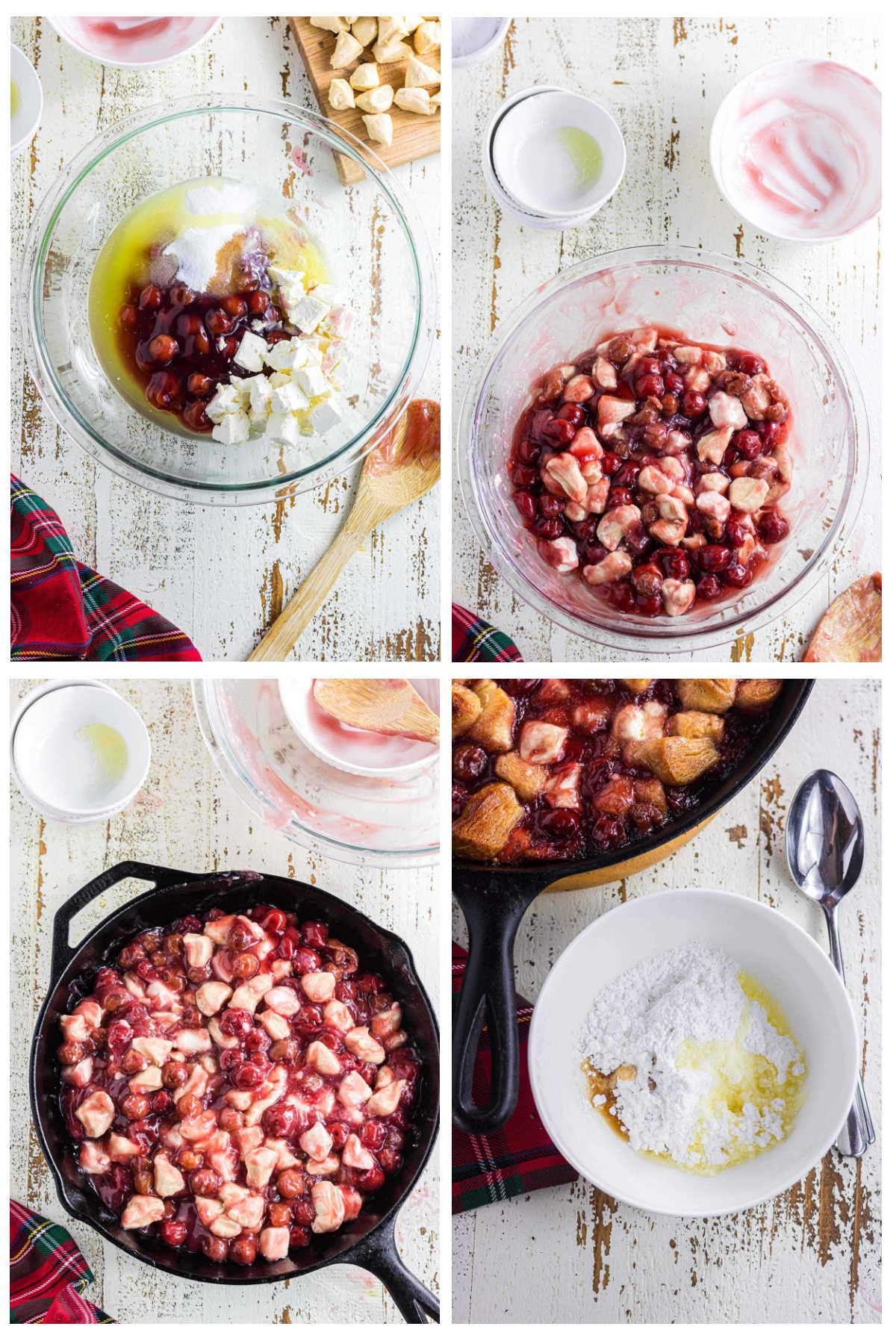 Step-by-step images showing how to make cherry cream cheese bubble up: a mixing bowl filled with cherry pie filling, butter, sugar, and cream cheese; the ingredients stirred together with biscuit pieces; the mixture spread in a cast iron skillet ready to bake; and a small bowl of powdered sugar and melted butter for the glaze.
