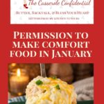 Restless Chipotle email graphic reading “Permission to Make Comfort Food in January,” featuring a cozy image of cheesy angel chicken and rice casserole being lifted from a forest green baking dish with melted cheese stretching.