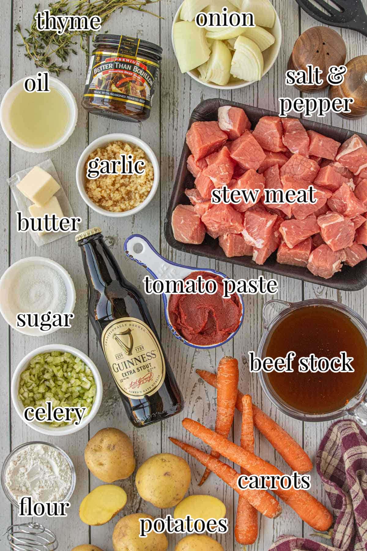 Ingredients for Guinness beef stew including stew meat, carrots, potatoes, onion, garlic, thyme, beef stock, and Guinness stout