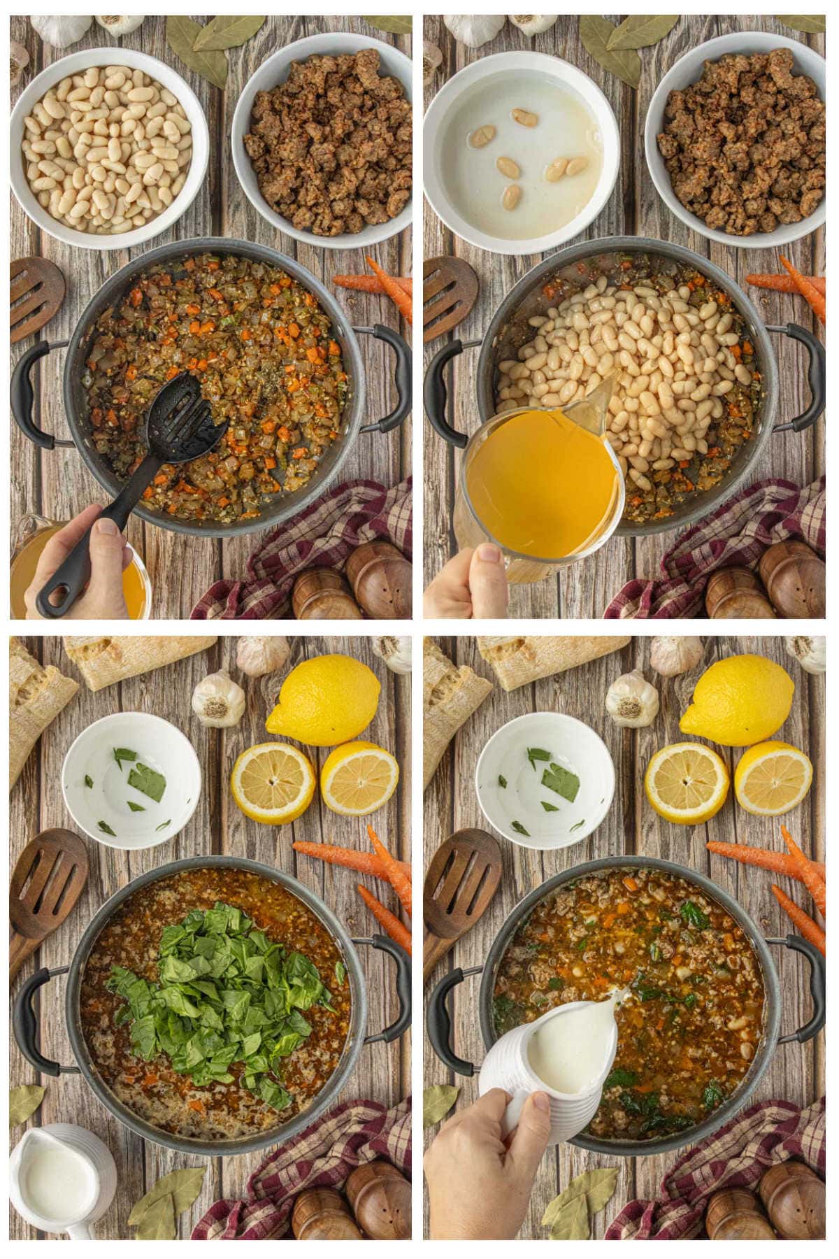 Step-by-step collage showing how to make sausage and white bean soup, including browning Italian sausage with vegetables, adding white beans and chicken stock, stirring in fresh spinach, and finishing the soup with cream, photographed by Kim Ledet for Marye Audet at Restless Chipotle.
