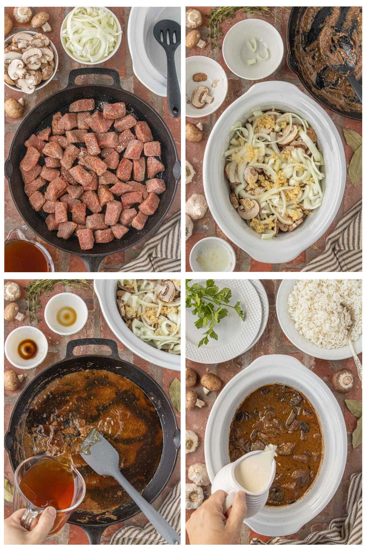 Step by step process for making crockpot beef tips with mushrooms, browning beef and adding ingredients to slow cooker