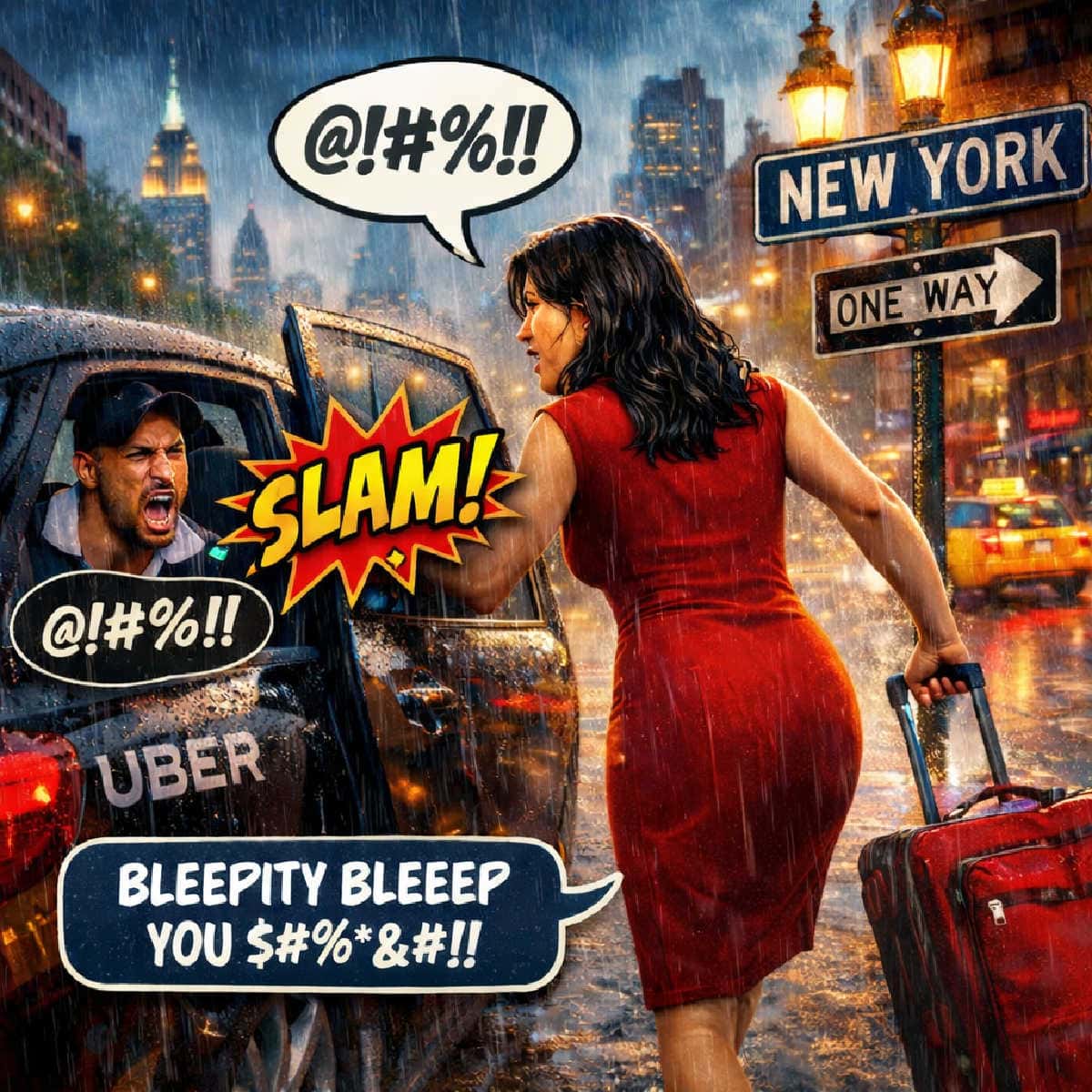 Dark-haired woman in a red dress angrily exiting an Uber in rainy New York City, suitcase in hand, after being left in an unfamiliar neighborhood.