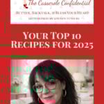 Marye holding a cup of coffee beneath the Casserole Confidential masthead, introducing her top 10 recipes for 2025.