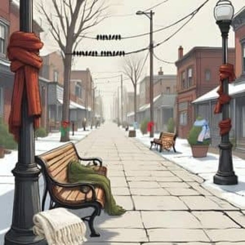 A quiet small-town street in winter with empty sidewalks, snow along the edges, brick storefronts, bare trees, benches with blankets, and lampposts wrapped with red scarves, creating a cozy, nostalgic cold-day atmosphere.