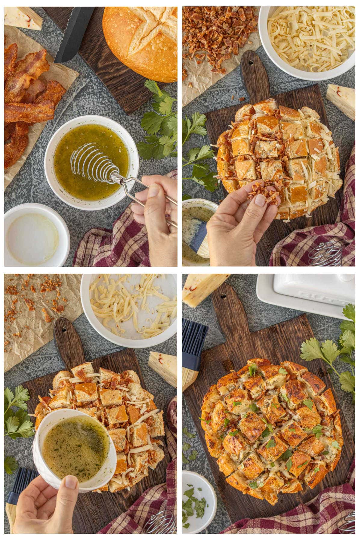 Step-by-step process showing butter mixed with ranch seasoning and brushed over sliced sourdough bread before adding bacon and shredded cheese.