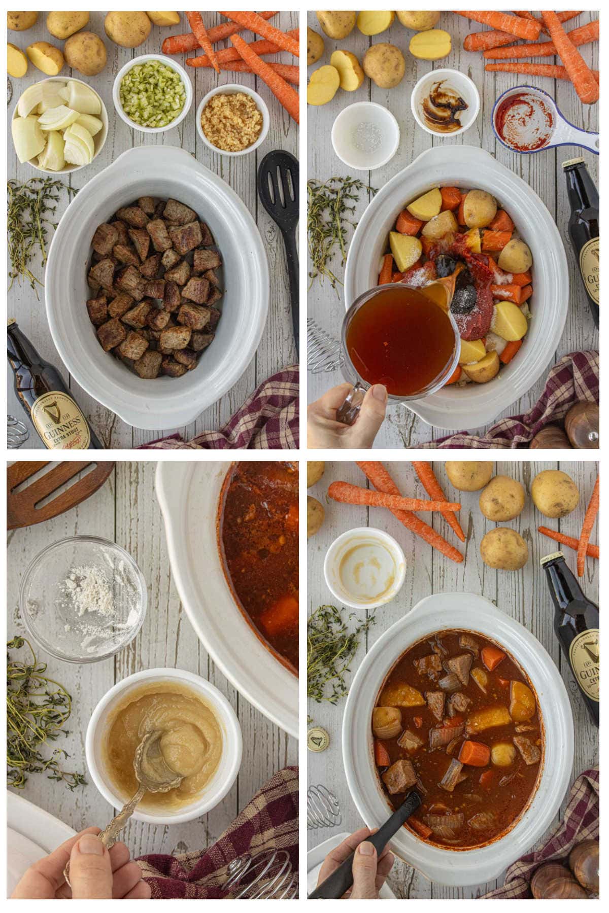 Step-by-step process photos showing how to make Guinness beef stew in a slow cooker