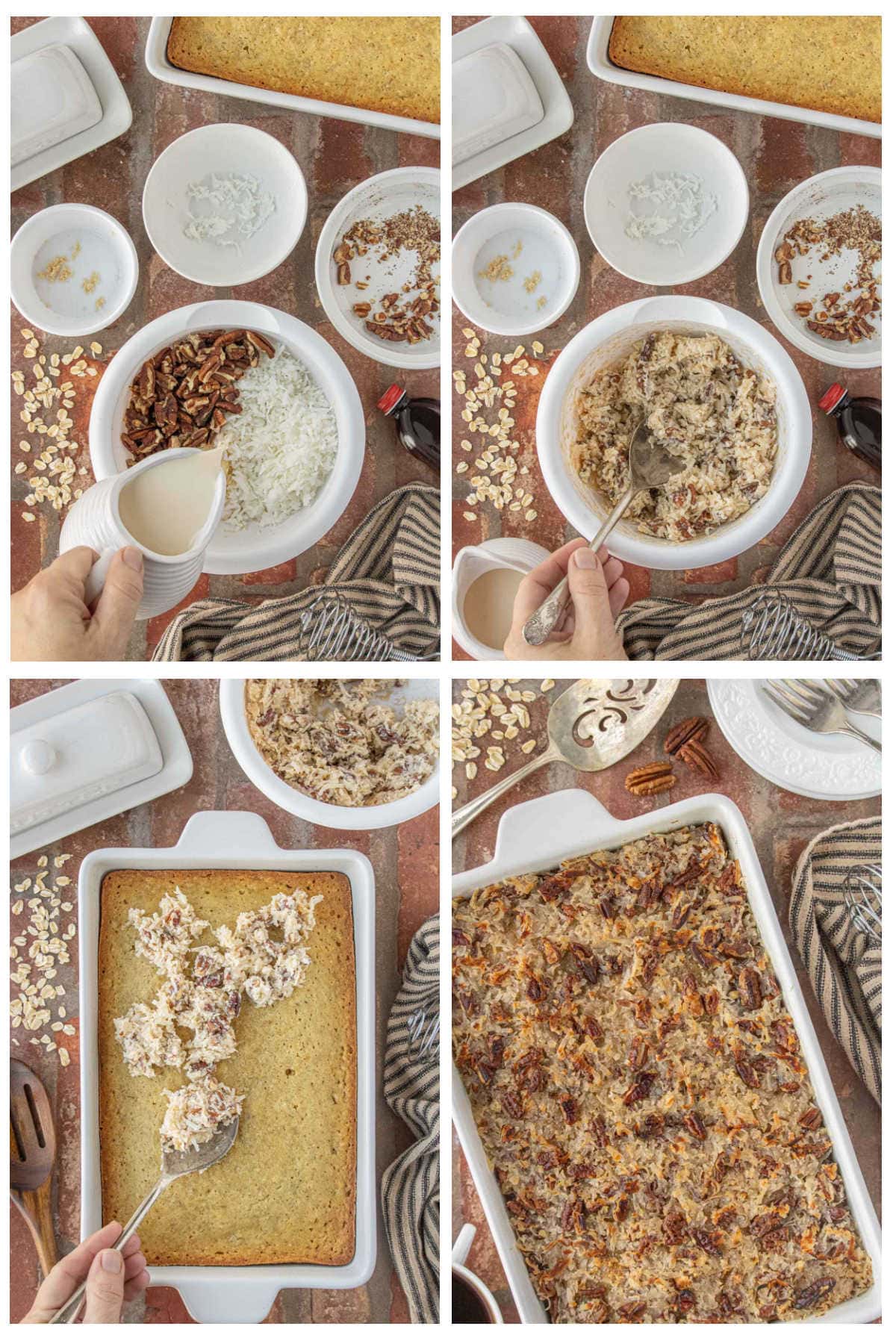 Step-by-step process of making old-fashioned oatmeal cake topping with coconut, pecans, brown sugar, and evaporated milk