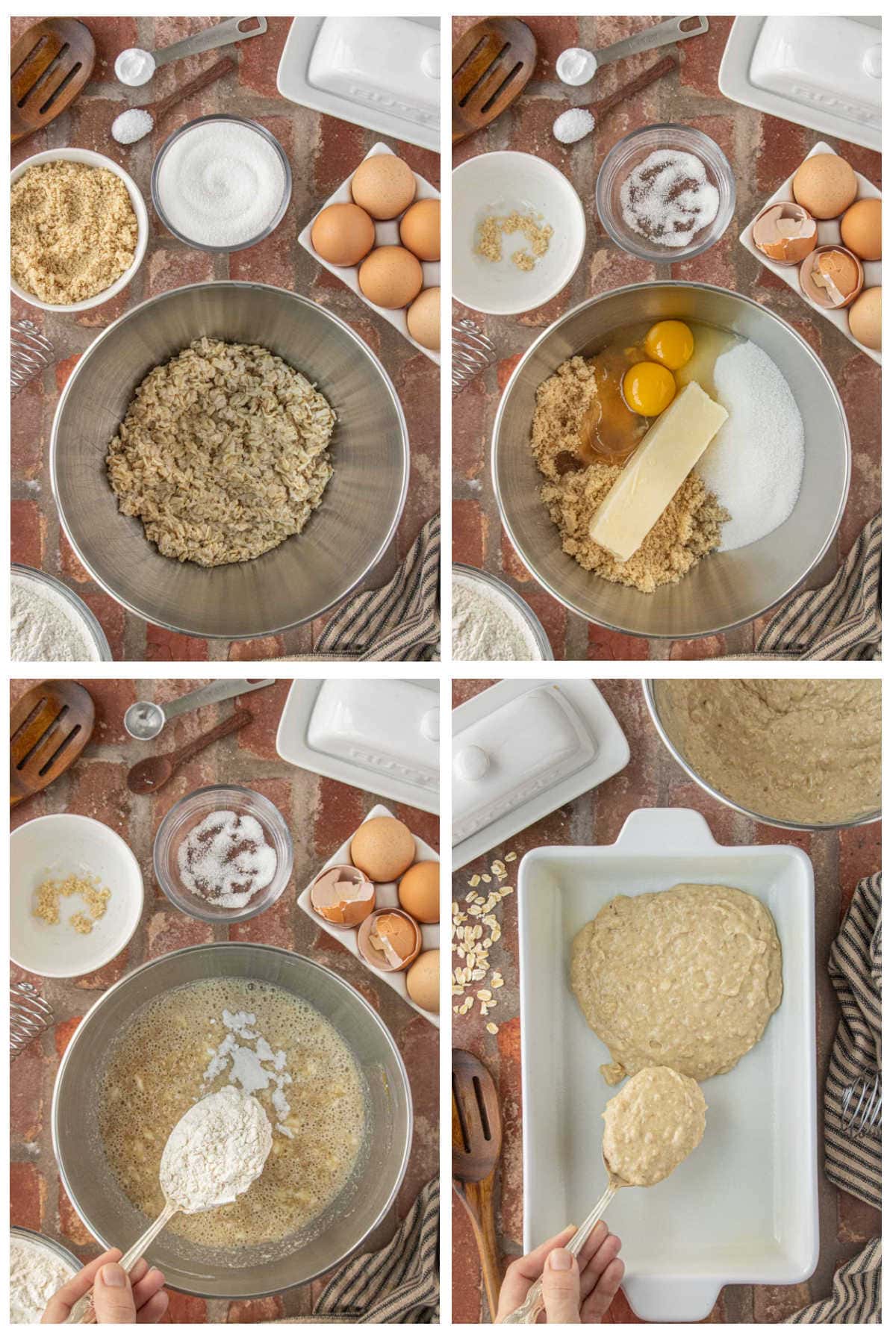 Step-by-step process of mixing old-fashioned oatmeal cake batter and spreading it into a baking dish