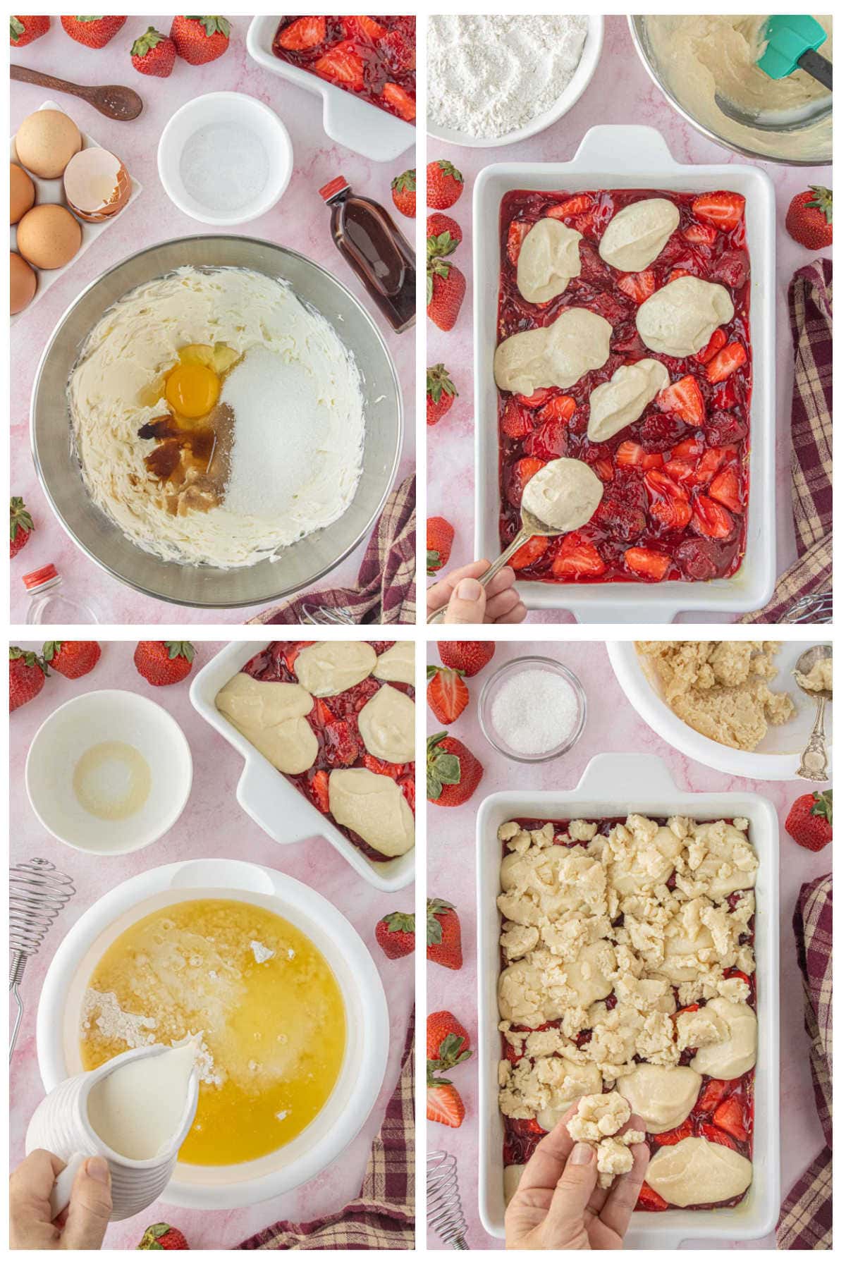 Step-by-step photos showing how to make strawberry cream cheese dump cake, including mixing cream cheese filling, layering strawberries and pie filling, adding cake mix, and pouring butter before baking