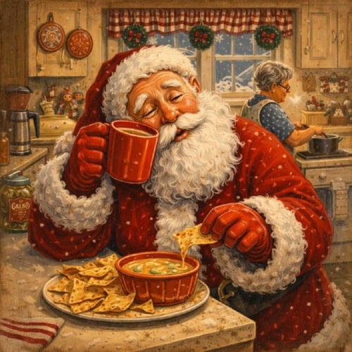 Tired Santa in a cozy Southern kitchen, leaning against the counter while sipping hot chocolate and dipping tortilla chips into a bowl of queso, with Velma Jean cooking in the background and Christmas décor all around.