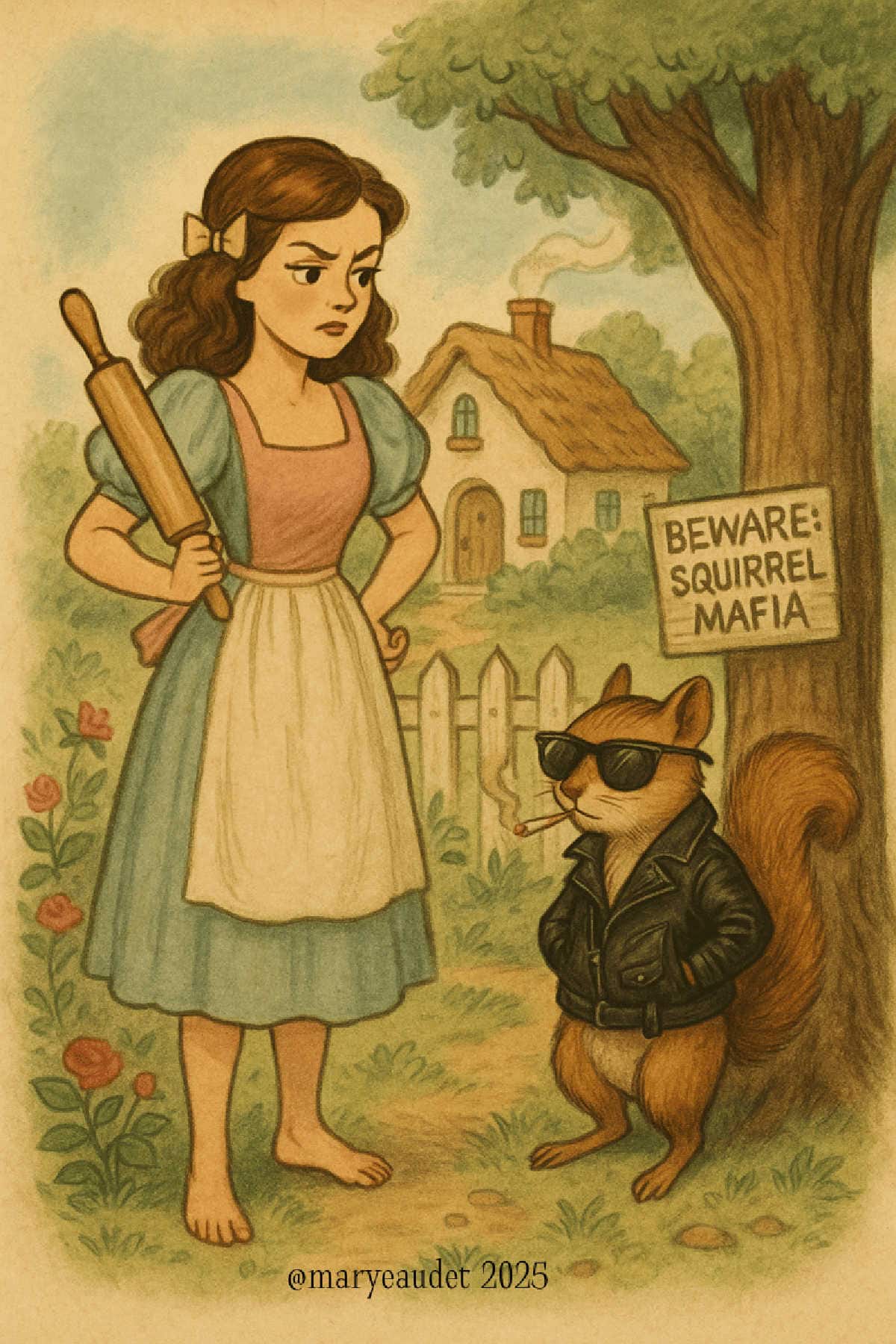 Vintage-style illustration of a barefoot woman in a cottage garden holding a rolling pin and confronting a leather-jacket-wearing squirrel smoking a cigarette, beneath a tree with a sign that reads “Beware: Squirrel Mafia,” in front of a small country house.