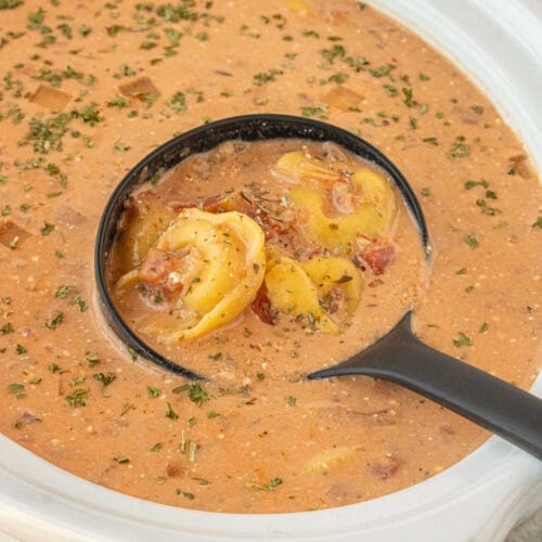 Close-up of creamy tomato tortellini soup with pasta and herbs in black ladle over slow cooker.
