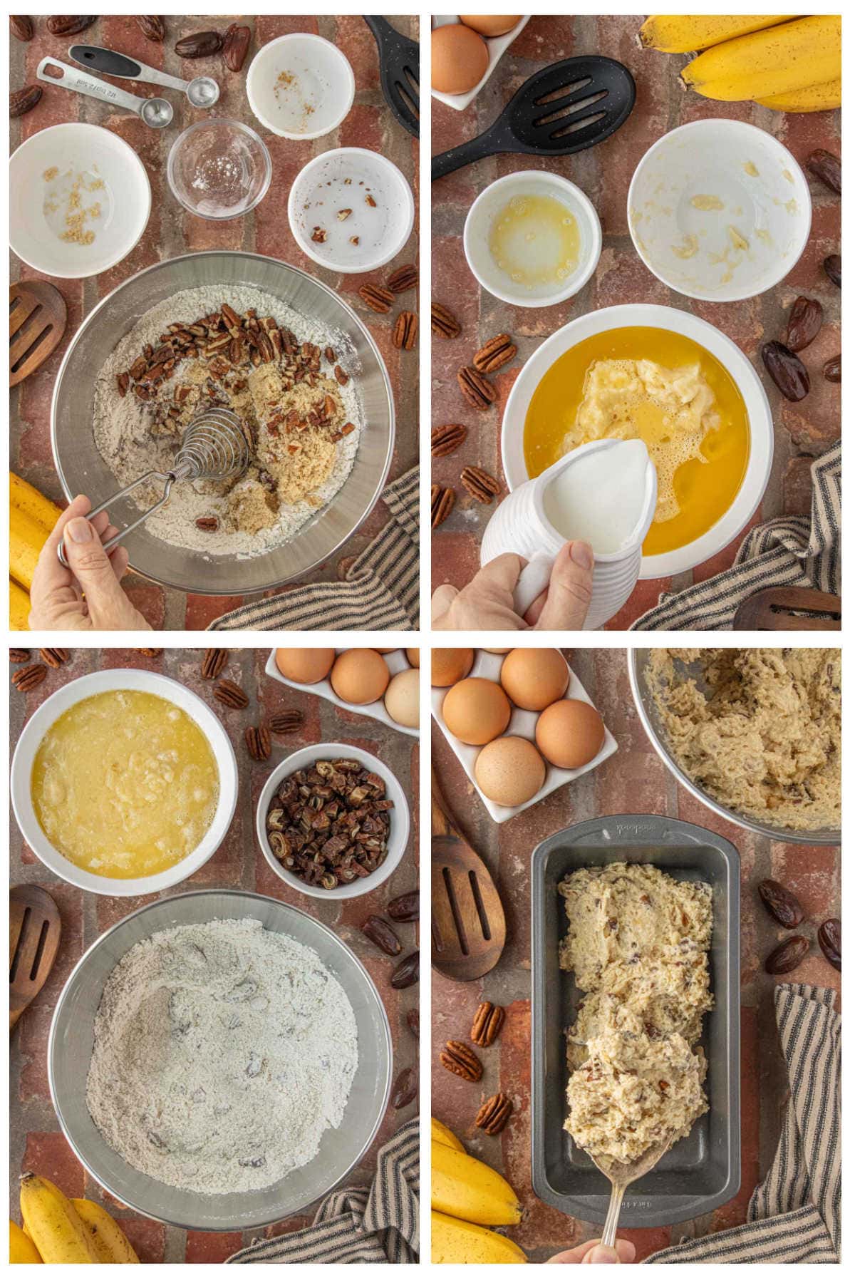 Step-by-step process showing mixing banana date bread batter and spooning it into a loaf pan.