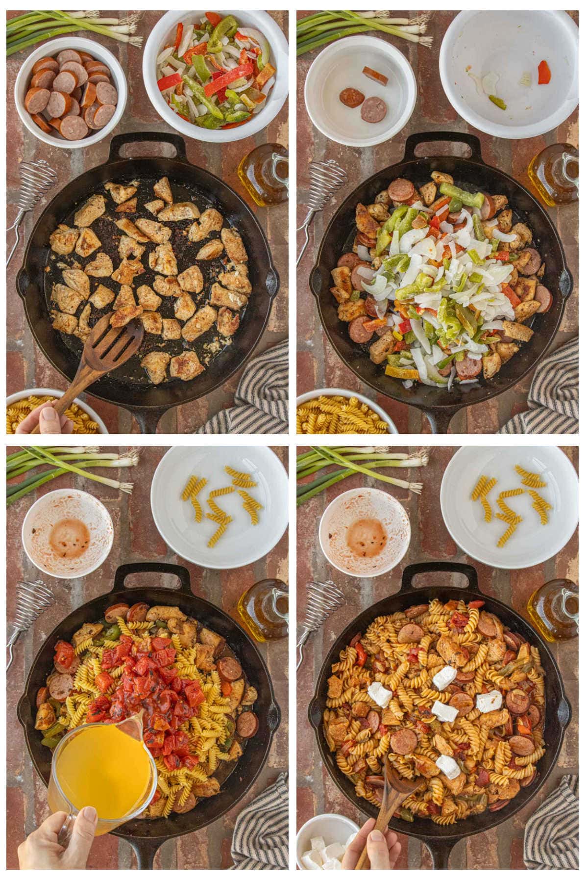 Step by step process making Cajun chicken and sausage pasta including browning chicken cooking sausage adding pasta tomatoes stock and cream cheese