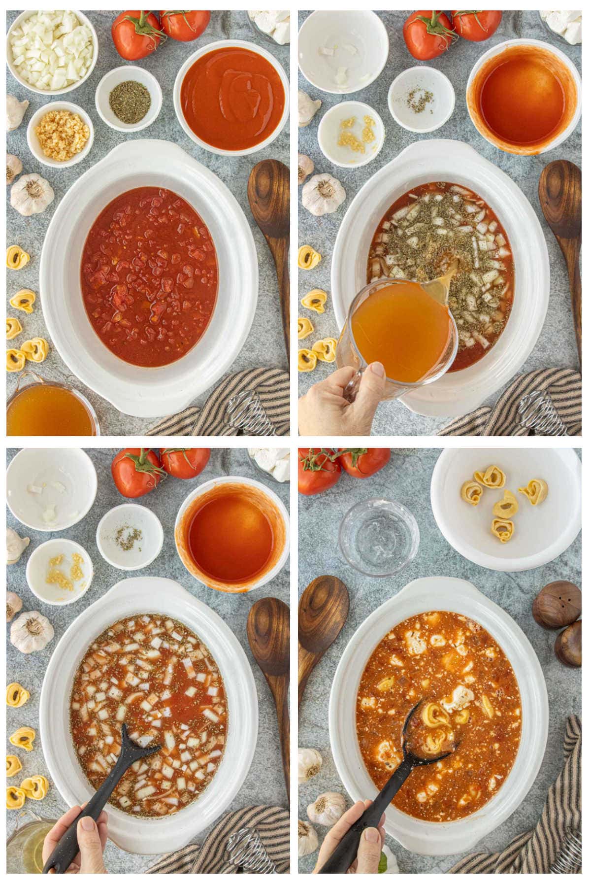 Step-by-step images showing how to make crockpot tomato tortellini soup with broth, tomatoes, seasoning, and pasta.