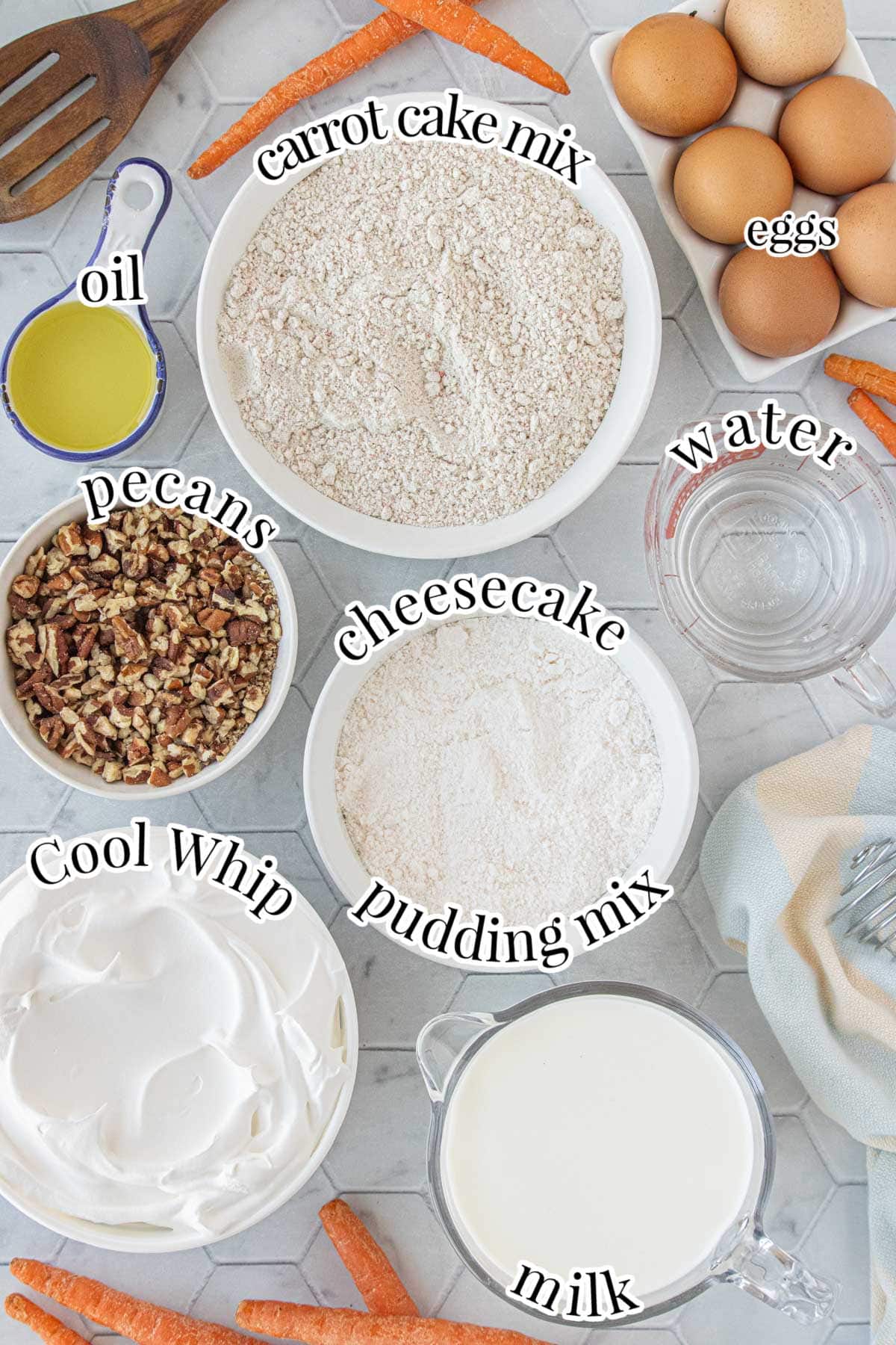 Ingredients for carrot cake poke cake including carrot cake mix, eggs, oil, water, milk, pudding mix, cheesecake mix, Cool Whip, and pecans.