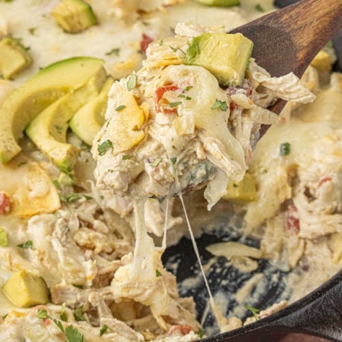 creamy chicken enchiladas suizas with gooey melted cheese being scooped from skillet