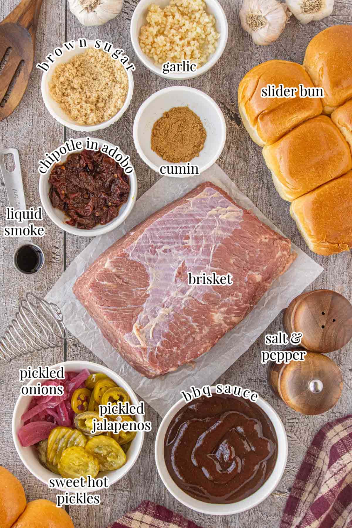Ingredients for slow cooker brisket sliders including brisket, chipotle in adobo, brown sugar, garlic, cumin, barbecue sauce, and slider buns.