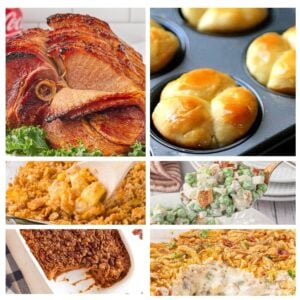 A collage of side dishes to serve with your ham dinner including dinner rolls, pineapple casserole, pea salad, green bean casserole, and bourbon sweet potatoes