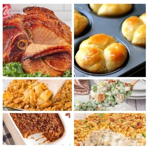 A collage of side dishes to serve with your ham dinner including dinner rolls, pineapple casserole, pea salad, green bean casserole, and bourbon sweet potatoes