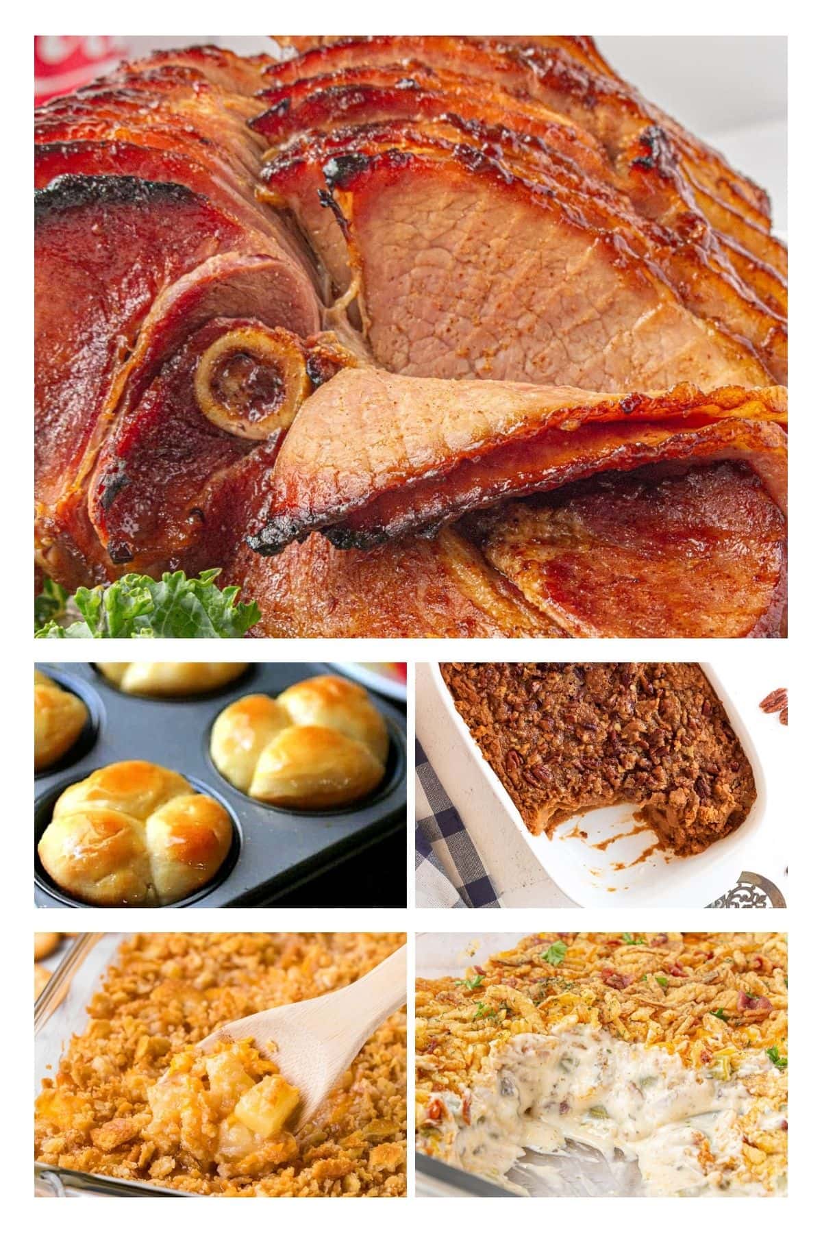 A collage of the best side dishes for ham including pineapple casserole, green bean casserole, sweet potato casserole, and cloverleaf rolls.