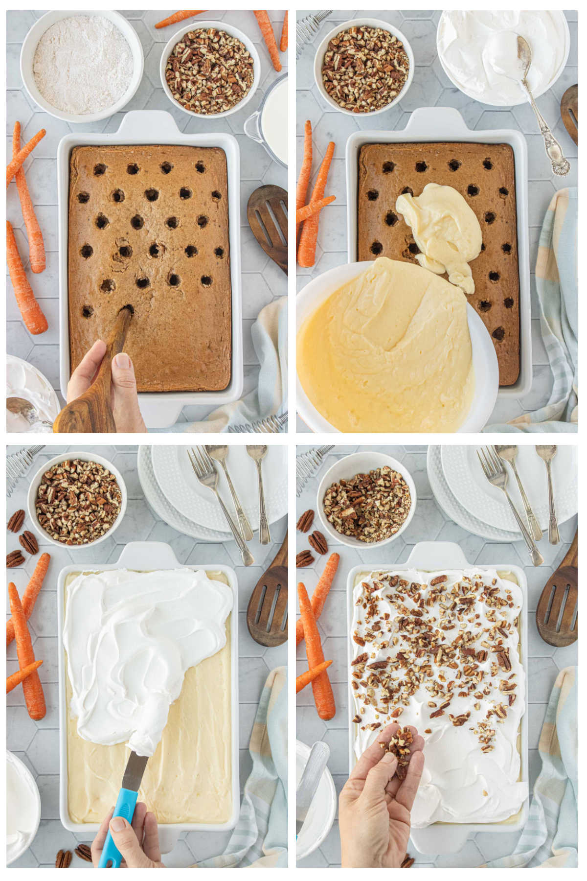 Step-by-step collage showing baked carrot cake being poked with spoon handle, topped with cheesecake pudding mixture, whipped topping, and chopped pecans.