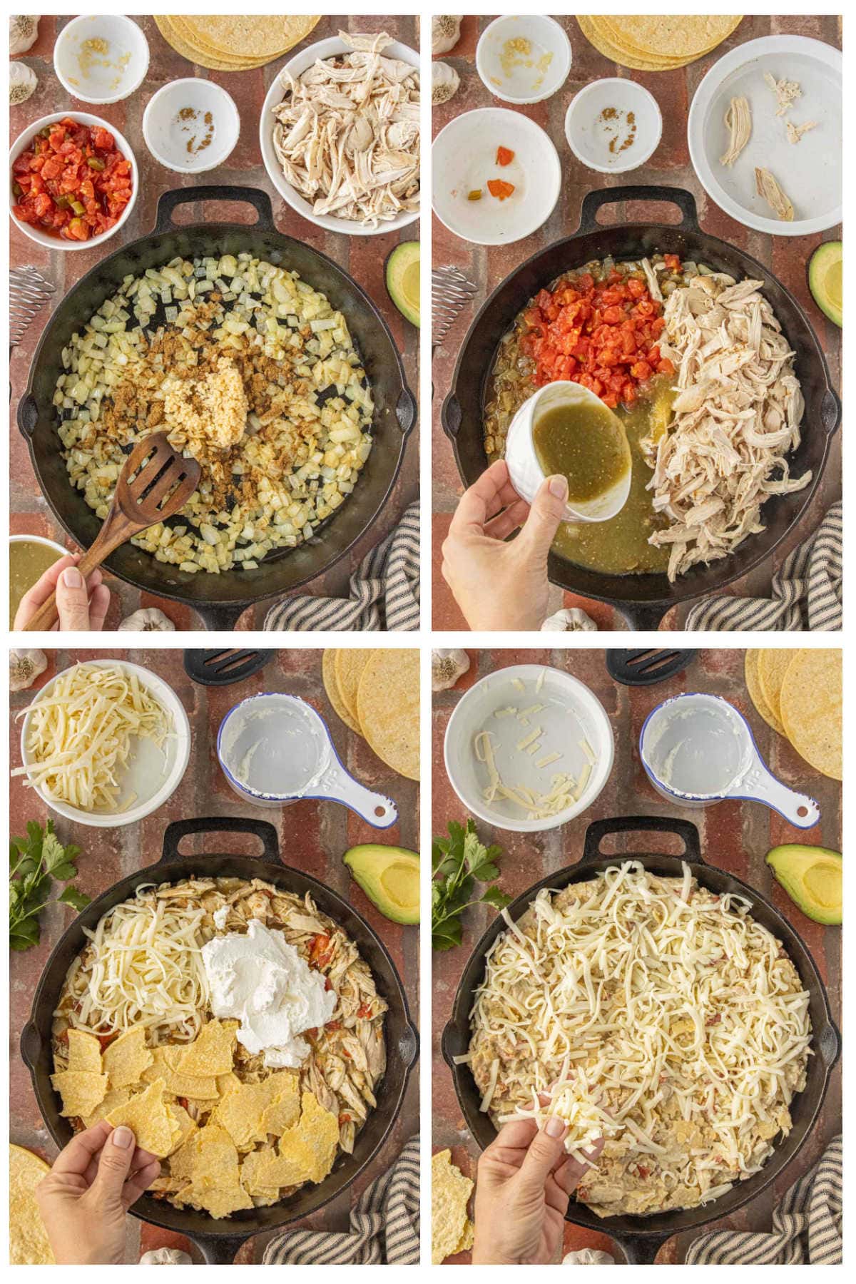 step by step process for making skillet enchiladas suizas with chicken, salsa verde, tortillas, and cheese