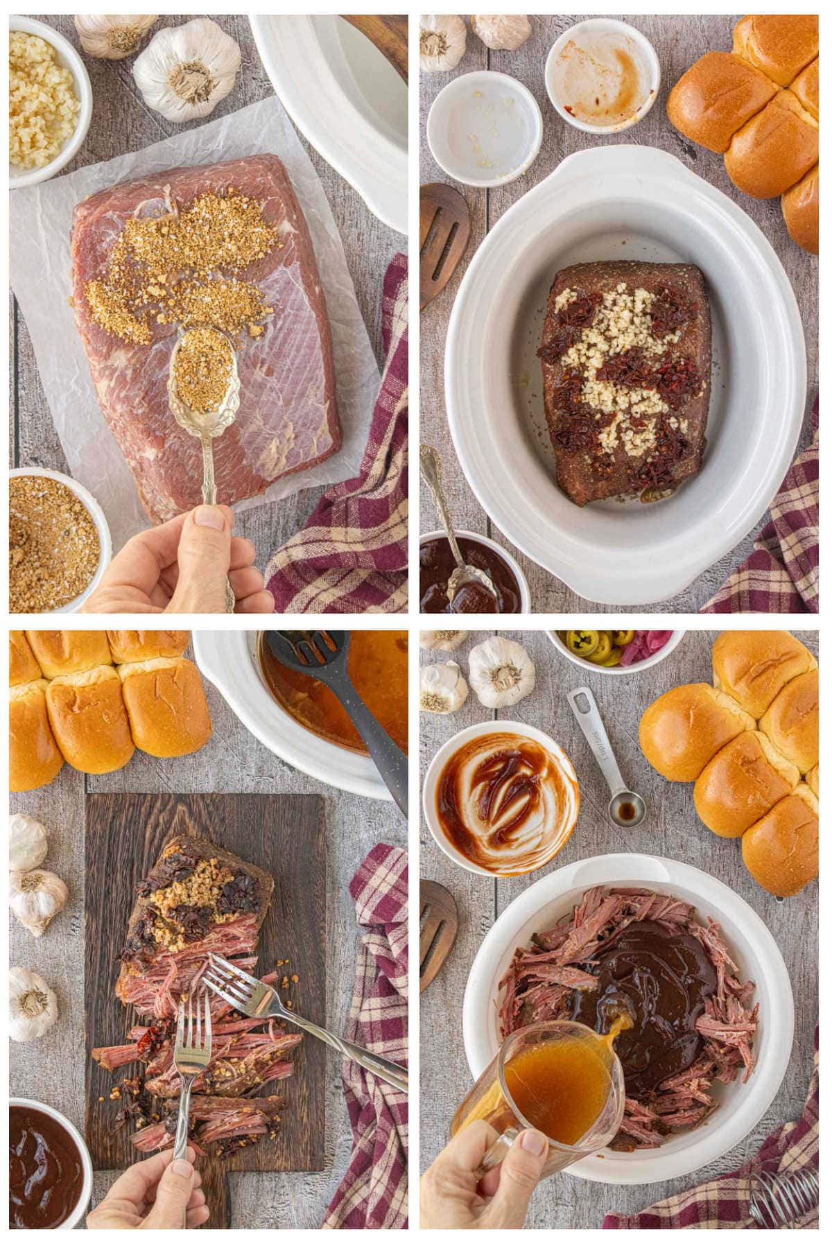 Step-by-step collage showing slow cooker brisket preparation, shredding the meat, and mixing with barbecue sauce.