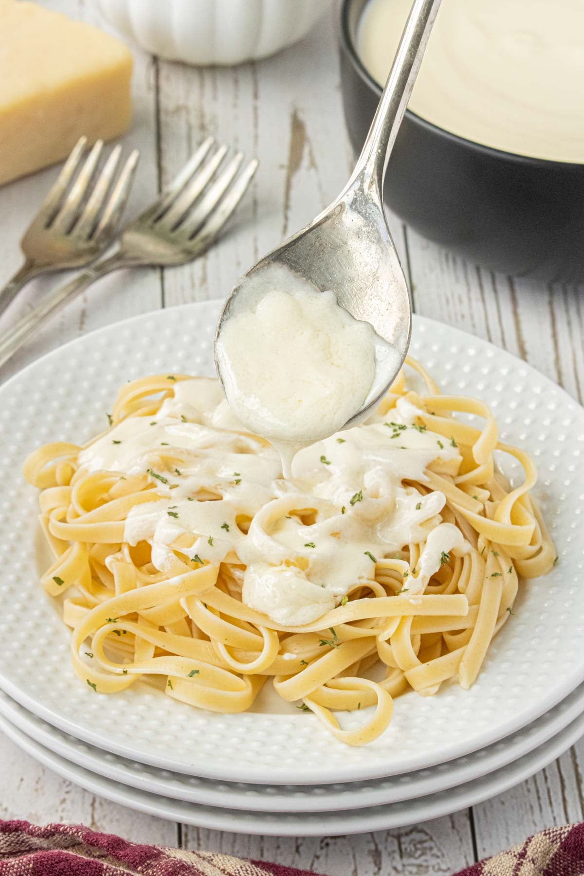 Plate of fettuccine topped with homemade 3 ingredient Alfredo sauce