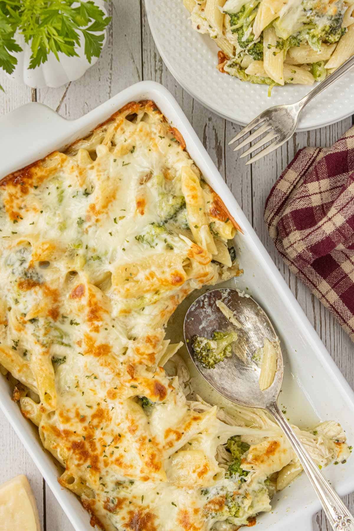 chicken and broccoli alfredo casserole baked in dish with golden melted cheese and serving spoon