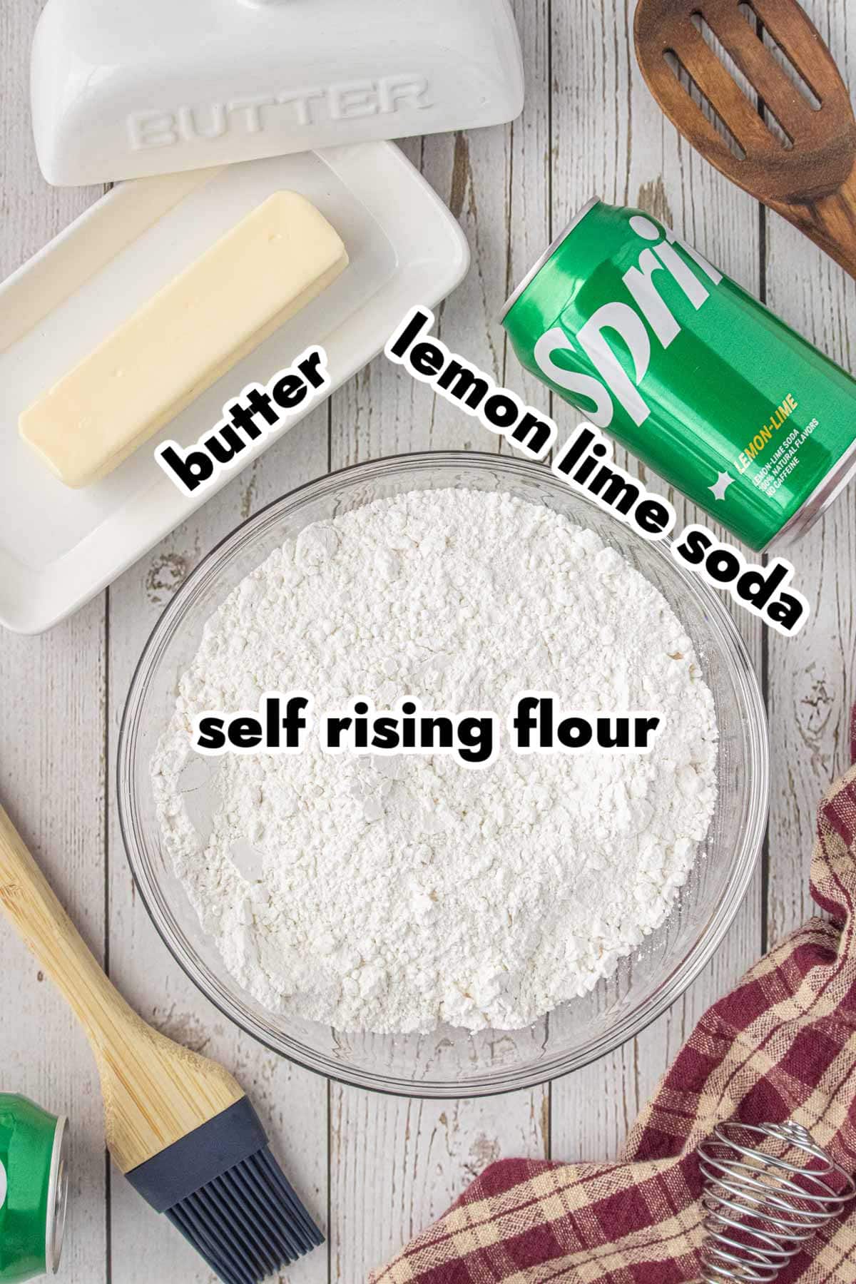 Ingredients for 3-ingredient biscuits including self-rising flour, butter, and lemon-lime soda