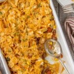 Overhead view of this easy tex-mex casserole with text overlay for Pinterest.