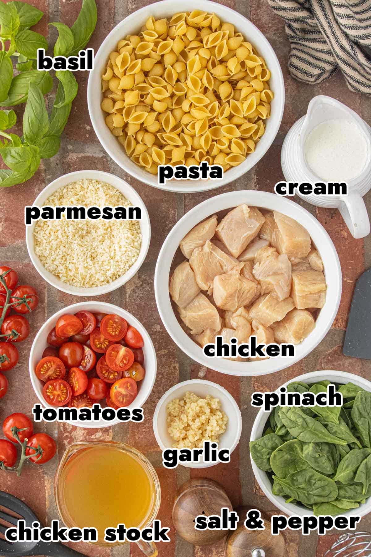 Ingredients for creamy chicken spinach and pasta including chicken, pasta shells, spinach, cream, Parmesan cheese, garlic, and tomatoes