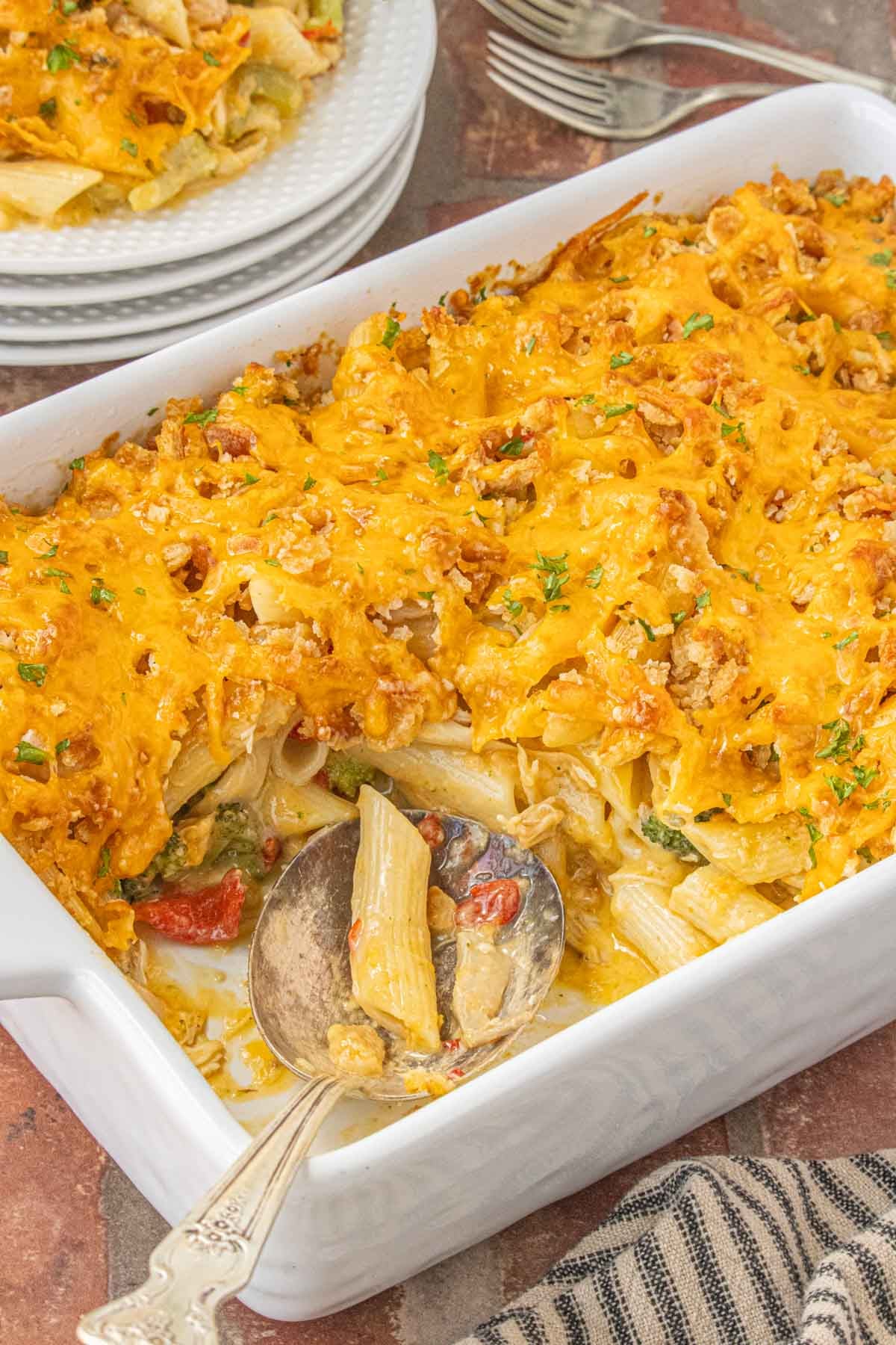 Baked pimento cheese chicken casserole with crispy cracker topping and melted cheddar cheese