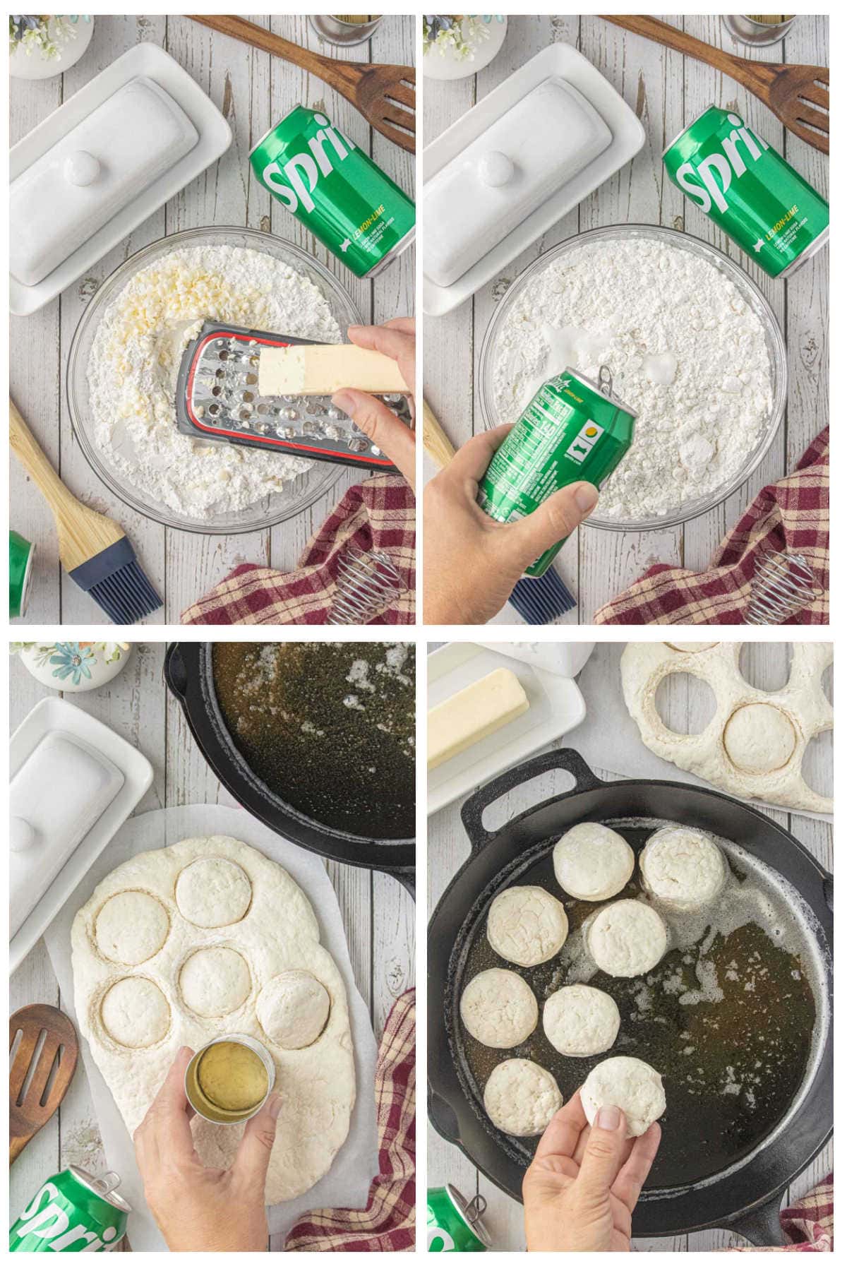 Step-by-step process for making 3-ingredient biscuits from mixing dough to baking in a cast iron skillet