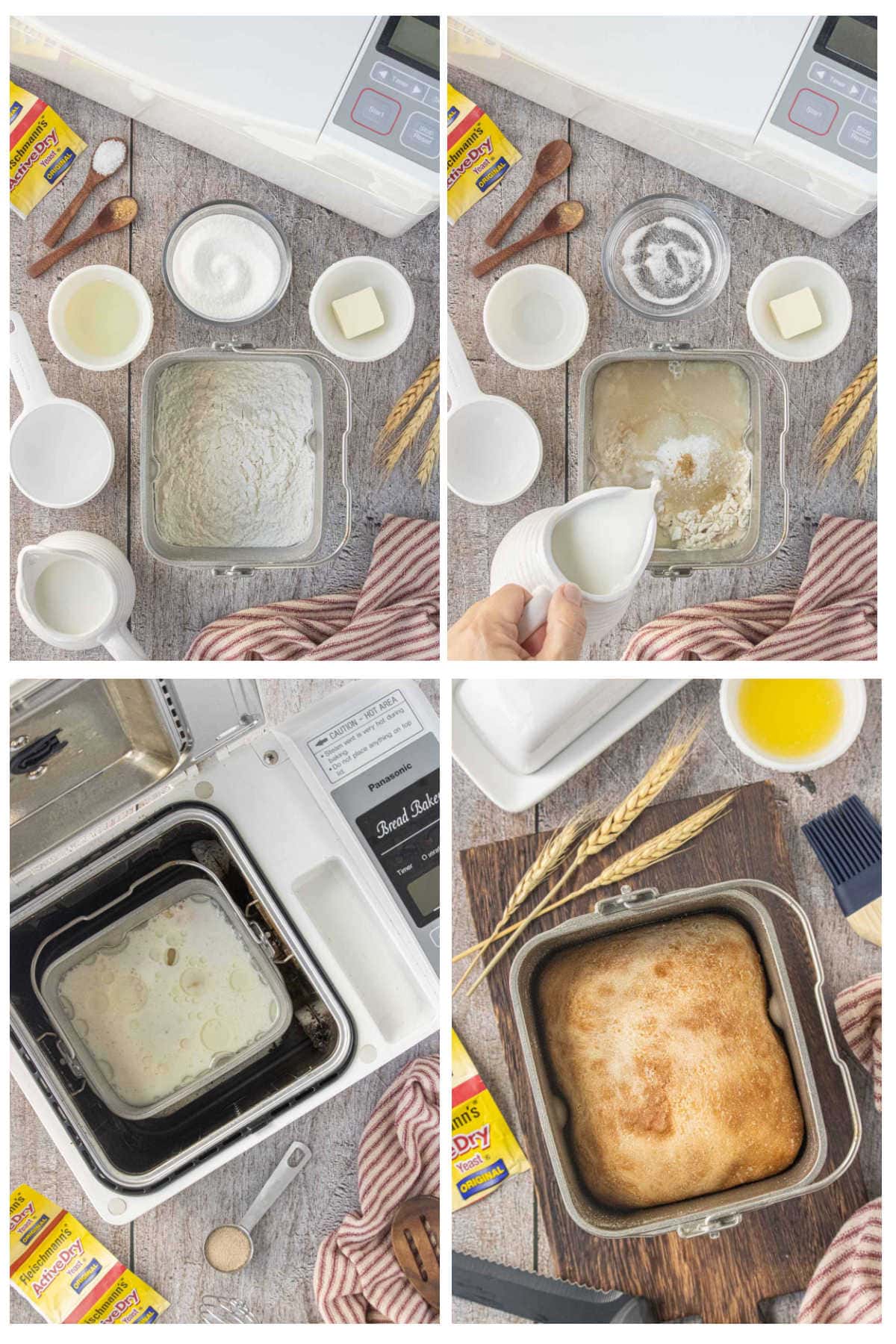 Step-by-step photos showing how to make Amish white bread in a bread machine from ingredients to baked loaf.