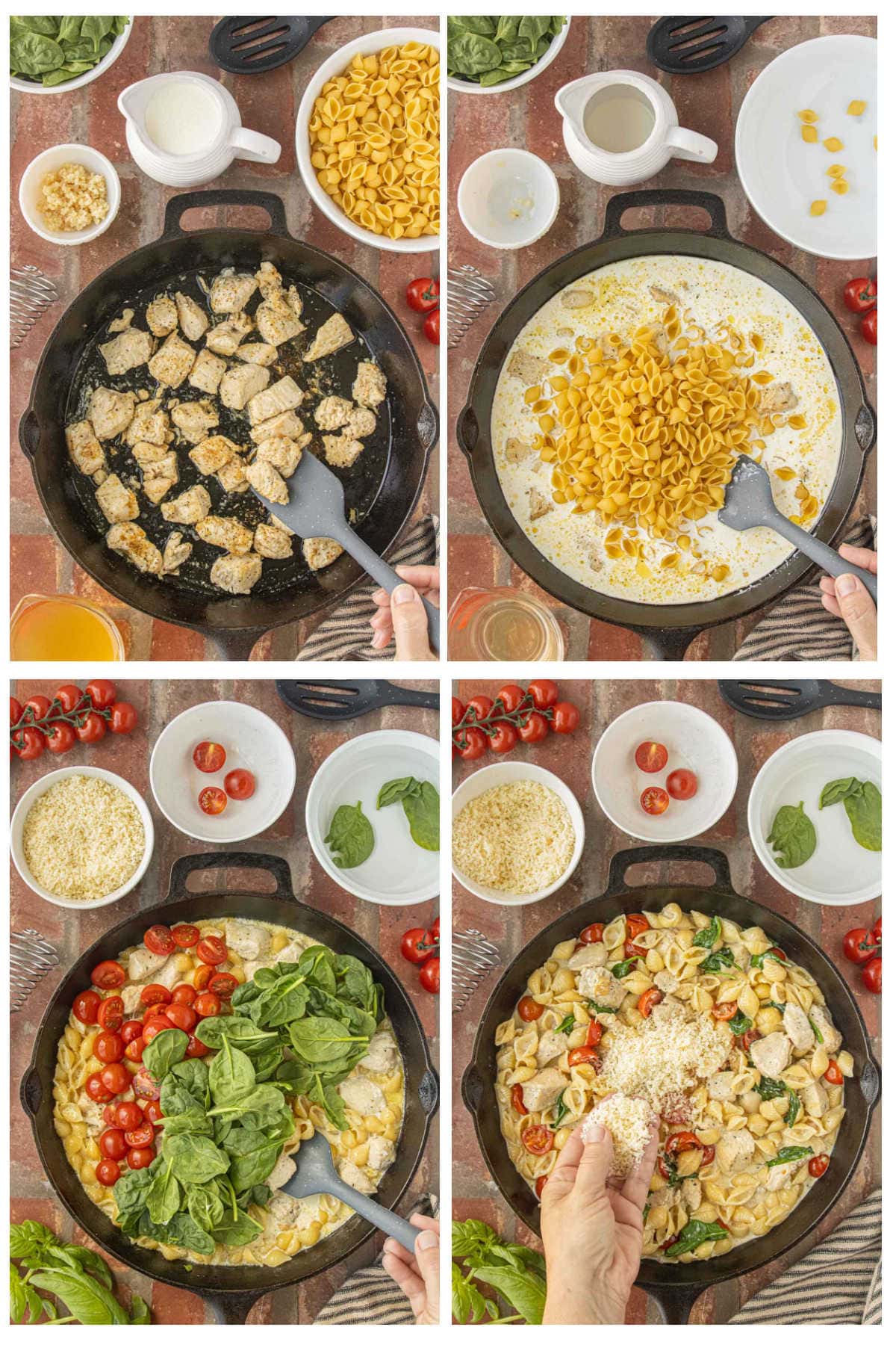 Step-by-step photos showing how to make creamy chicken spinach pasta in one skillet with shell pasta, spinach, tomatoes, and Parmesan cheese