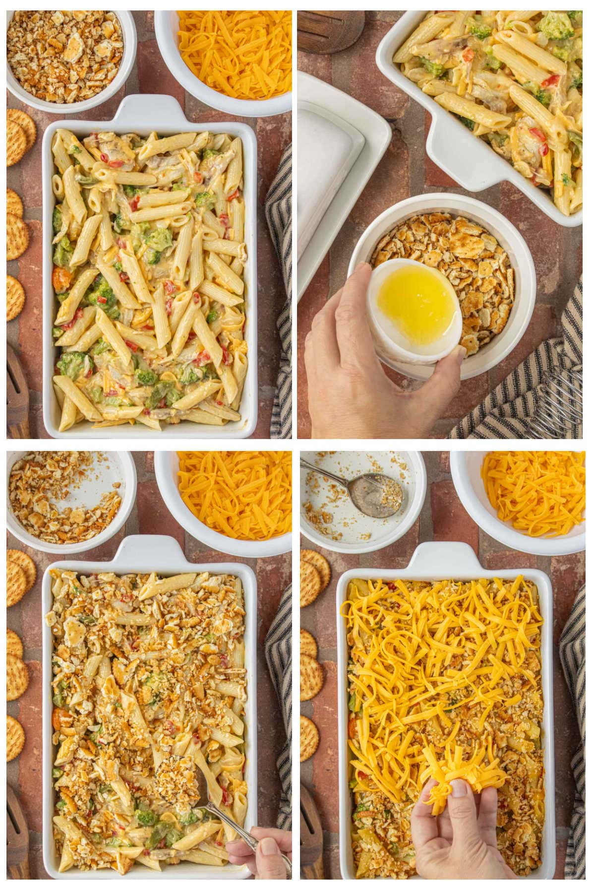 Pimento cheese chicken casserole step by step with pasta broccoli and creamy sauce in baking dish