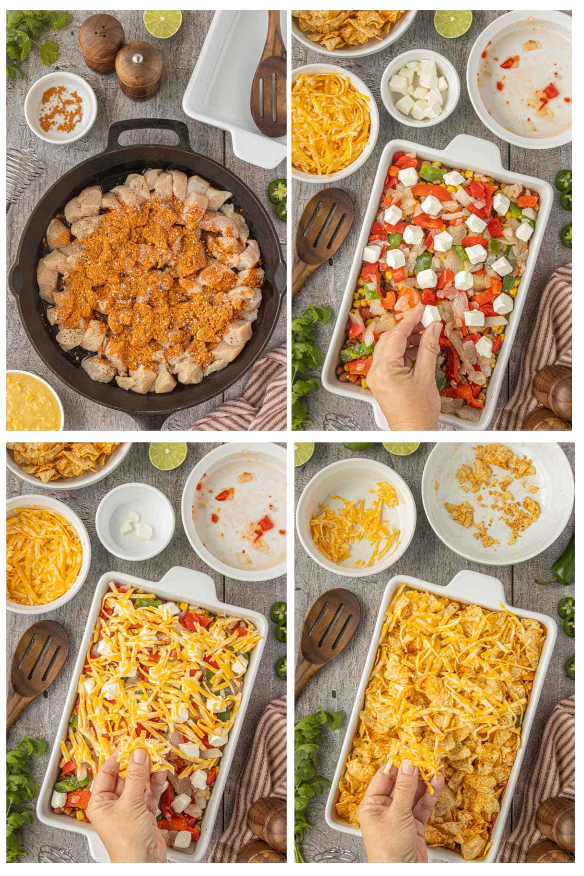 Step-by-step collage showing how to make 7 layer Tex-Mex chicken casserole with seasoned chicken, layered vegetables, cheese, cream cheese, and tortilla chips.
